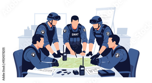 Modern vector illustration of tactical police team planning operation with map and equipment representing strategy, teamwork, readiness and professional law enforcement coordination