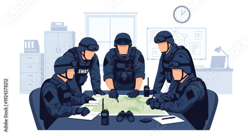 Modern vector illustration of tactical police team planning operation with map and equipment representing strategy, teamwork, readiness and professional law enforcement coordination