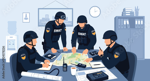Modern vector illustration of tactical police team planning operation with map and equipment representing strategy, teamwork, readiness and professional law enforcement coordination
