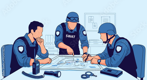 Modern vector illustration of tactical police team planning operation with map and equipment representing strategy, teamwork, readiness and professional law enforcement coordination