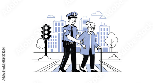 Modern vector illustration of police officer assisting elderly person crossing street showing kindness, community support, safety awareness and responsible public service duty