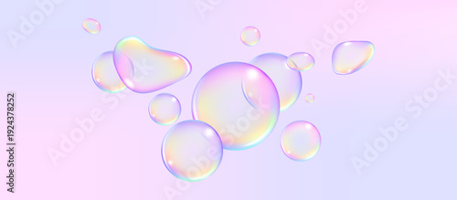 Transparent spheres with cosmetic skincare essence, vitamin or moisture drops, and glossy bubble-gum balls.