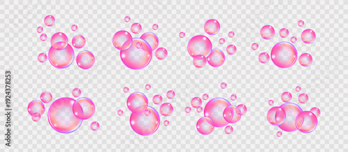 Pink collagen serum or soap bubbles, 3D realistic vector set. 