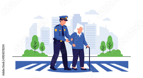 Modern vector illustration of police officer assisting elderly person crossing street showing kindness, community support, safety awareness and responsible public service duty