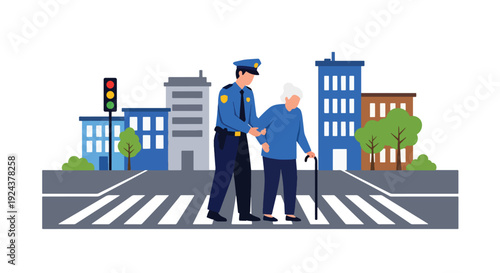 Modern vector illustration of police officer assisting elderly person crossing street showing kindness, community support, safety awareness and responsible public service duty