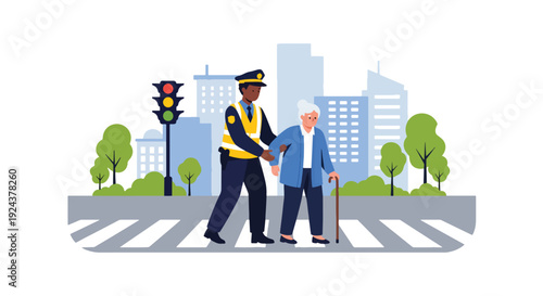 Modern vector illustration of police officer assisting elderly person crossing street showing kindness, community support, safety awareness and responsible public service duty