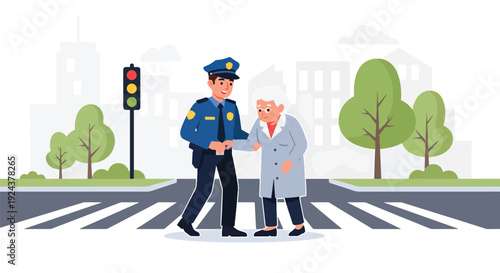 Modern vector illustration of police officer assisting elderly person crossing street showing kindness, community support, safety awareness and responsible public service duty