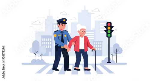 Modern vector illustration of police officer assisting elderly person crossing street showing kindness, community support, safety awareness and responsible public service duty