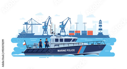 Modern vector illustration of marine police patrolling harbor with boat ensuring coastal security, transportation safety and professional law enforcement service at sea