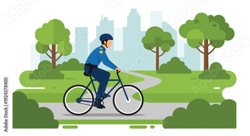 Modern vector illustration of bicycle police officer patrolling city park promoting eco friendly mobility, community safety and visible law enforcement presence in urban area