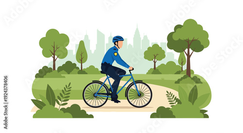 Modern vector illustration of bicycle police officer patrolling city park promoting eco friendly mobility, community safety and visible law enforcement presence in urban area