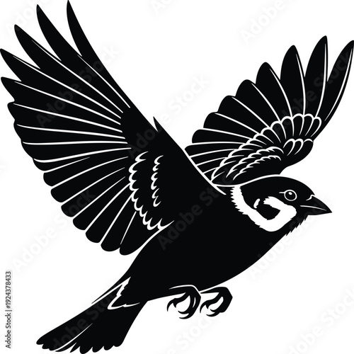 Black and white bird silhouette in flight, wings extended upward with detailed feather patterns, artistic wildlife illustration symbolizing freedom, nature, motion, and elegant design