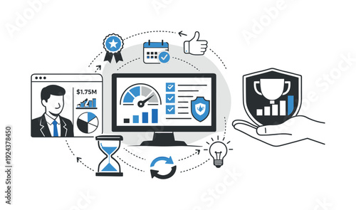 Modern minimal flat vector conceptual collage, crisp hard edges, consistent THIN outline stroke, rounded corners where needed,