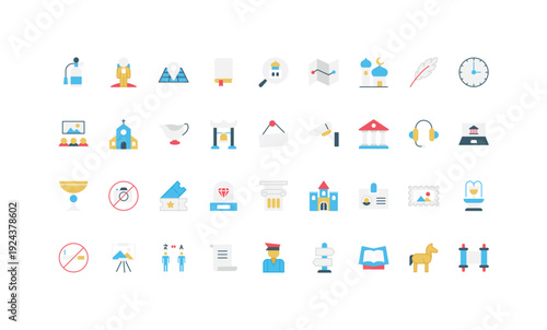 Colorful flat museum icons for history, culture, education, and travel projects, perfect for web, apps, infographics, and presentations isolated on white background vector illustration