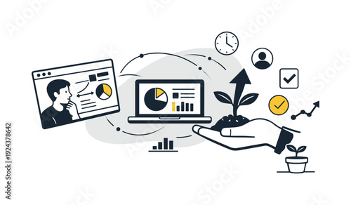 Modern minimal flat vector conceptual collage, crisp hard edges, consistent THIN outline stroke, rounded corners where needed,