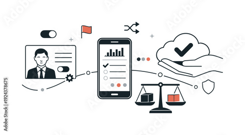 Modern minimal flat vector conceptual collage, crisp hard edges, consistent THIN outline stroke, rounded corners where needed,