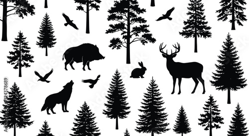 Large collection of forest wildlife animals and pine tree silhouettes including deer wolf wild boar rabbit and birds isolated on white background for design