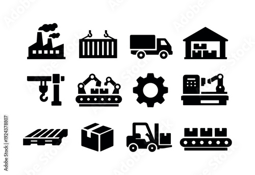 Import Substitution Icons. Solid vector icons of import substitution: factory, cargo container, shipping truck, warehouse, crane,