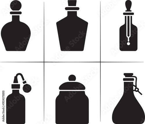 Vintage glass bottle collection for apothecary and luxury fragrance storage on grid ground