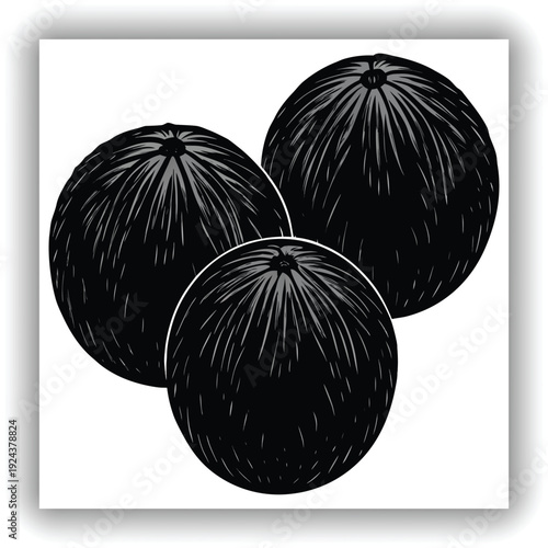 Three mature coconuts are the main subjects, arranged in a visually appealing cluster. They are positioned against a transparent background. The coconuts are roughly spherical, with a deep brown, fibr