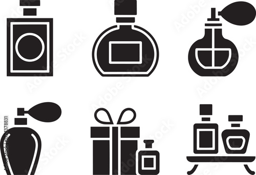 Set of classic perfume bottles and gift icons on transparent background for your design
