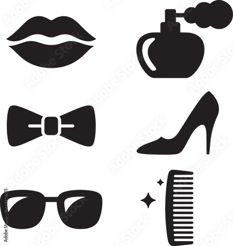Set of fashion and beauty icons lips bow tie high heel sunglasses comb