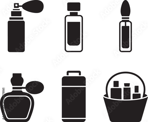 Set of perfume and essential oil bottles icons on transparent background for your design