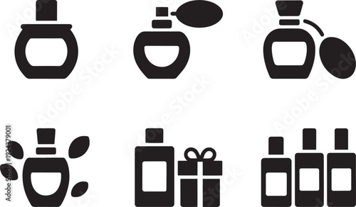 Set of six perfume bottles and gift icon on transparent background vector