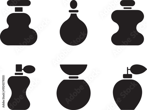 Set of six unique black perfume bottle silhouettes for cosmetic branding designs