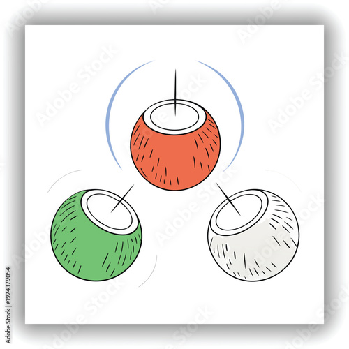 Three mature coconuts are the main subjects, arranged in a visually appealing cluster. They are positioned against a transparent background. The coconuts are roughly spherical, with a deep brown, fibr