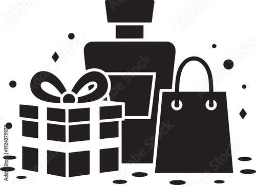 Shopping and gift presentation with perfume bottle and luxury paper bag including sparkles