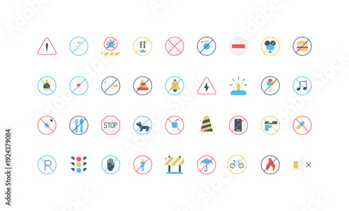 Collection of simple flat prohibitory signs including warnings, restrictions, and safety symbols for public spaces, traffic, and regulations isolated vector illustration