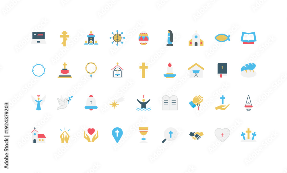 Naklejka premium Christianity symbols collection featuring church, cross, bible, angel, dove, and faith elements in simple flat style, suitable for religious education isolated vector illustration