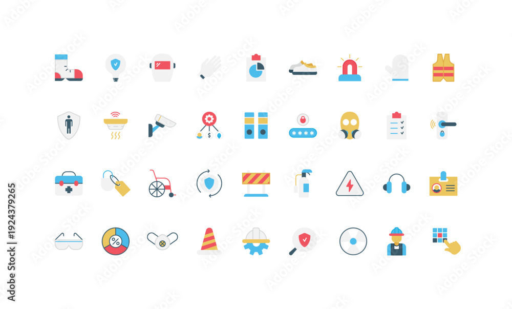 Fototapeta premium Collection of flat safety icons including protective gear, emergency, warning, health, and security symbols for workplace and public safety concepts isolated vector illustration