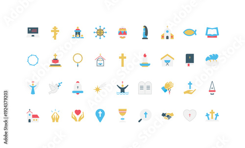 Christianity symbols collection featuring church, cross, bible, angel, dove, and faith elements in simple flat style, suitable for religious education isolated vector illustration