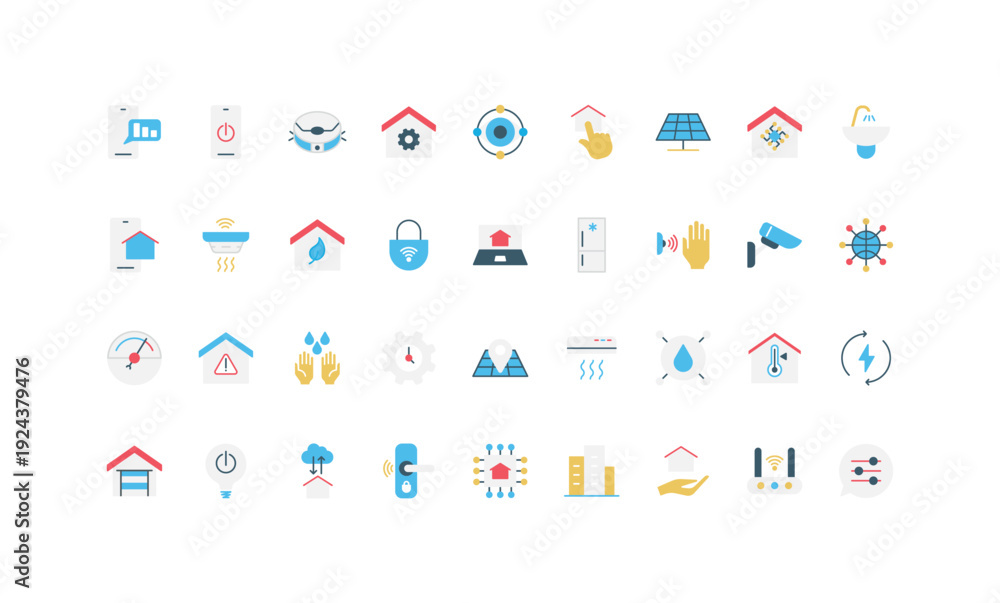 Naklejka premium Modern smart home technology icons in simple flat style showing automation, security, energy, climate, and connectivity concepts isolated vector illustration