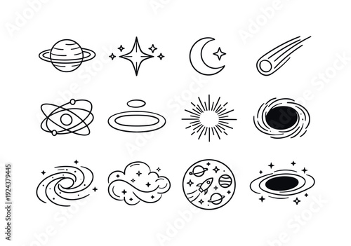 Line style vector icons of extra celestial aesthetic: planet, star, moon, comet; orbit, ring, halo, ray; galaxy, nebula, cosmos,