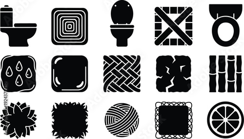  Wood grain, leaves with water droplets, bamboo, and cracked earth,  woven textures, string or yarn art, and a stylized citrus fruit slice. texture patterns. 