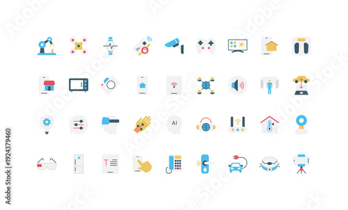 Modern smart devices and technology icons in simple flat style showing automation, connectivity, AI, smart home, wearables, and gadgets isolated vector illustration