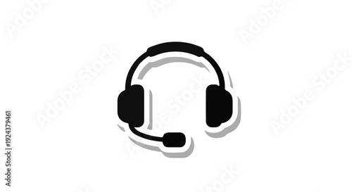 Black headset with microphone on white background, call center, customer service, support, communication, office equipment, modern technology, isolated, simple design