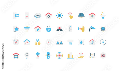 Modern smart home technology icons in simple flat style showing automation, security, energy, climate, and connectivity concepts isolated vector illustration