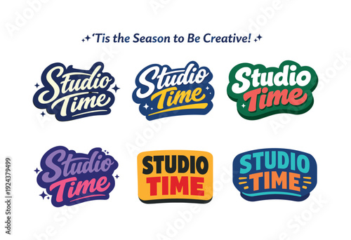 Studio Time Logos. Modern holiday banner with short greeting slogan featuring modern lettering logo set for Studio Time,