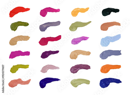 A set of brush strokes in various colors. Brush strokes with acrylic paint. Artistic color palette for graphic design and creative projects.