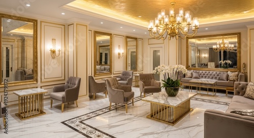 Elegant interior of a luxurious living room with gold accents and furniture