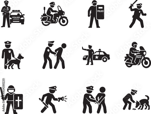 Black police officer law enforcement icon set with patrol car, K9 dog, riot shield, baton icons.