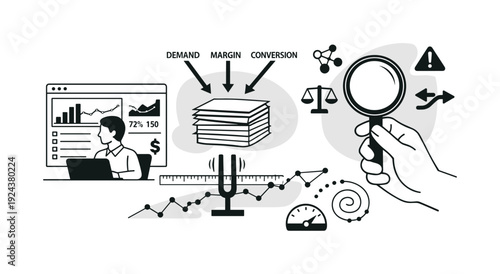 Modern minimal flat vector conceptual collage, crisp hard edges, consistent THIN outline stroke, rounded corners where needed,