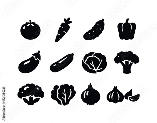 Solid vector icons of fresh vegetables display: tomato, carrot, cucumber, bell pepper, eggplant, zucchini, cabbage, broccoli,