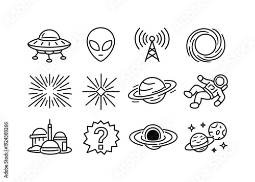 Line style icons of sci fi cosmos vibe: ufo, alien, signal, portal; warp, jump, drift, float; future, unknown, strange, other