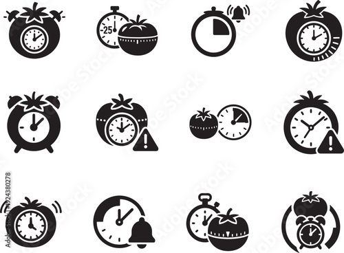 Pomodoro vector icons with timers, alarm clocks, and countdown symbols for focus productivity apps ui.