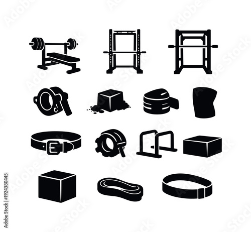 Solid vector icons of strength training equipment: bench press, power rack, smith machine, bar clamp, chalk block, wrist wrap,